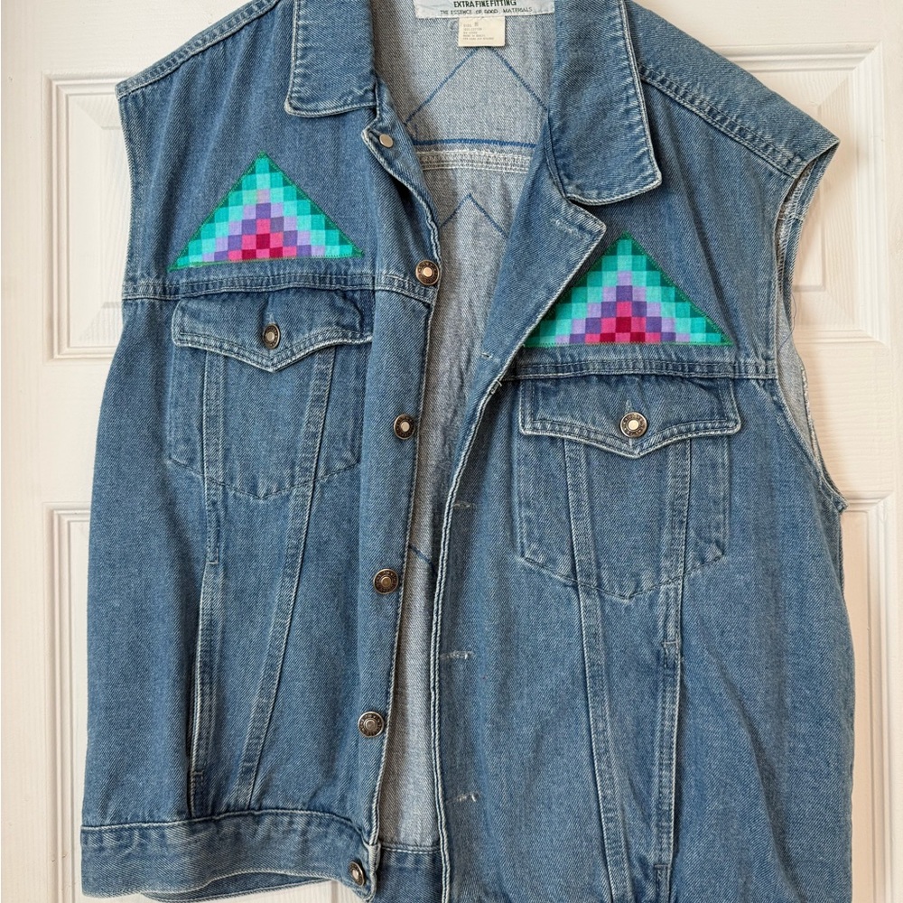 Vintage Denim Vest with Colorful Triangle Patches Quilted COACHELLA